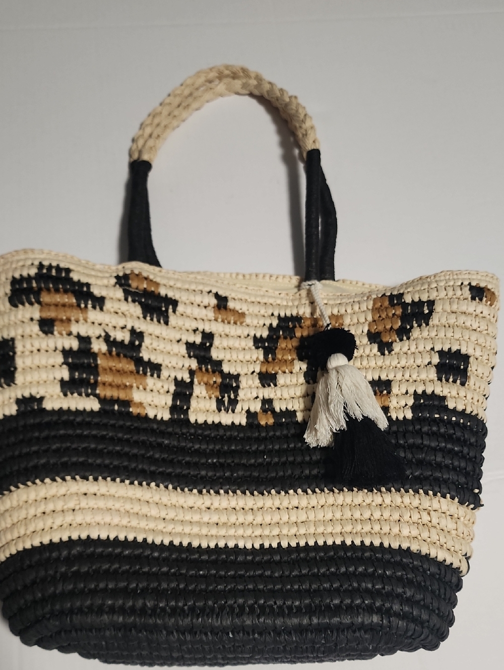 Large Woven Straw Tote Bag with Tassel, foldable and lightweight